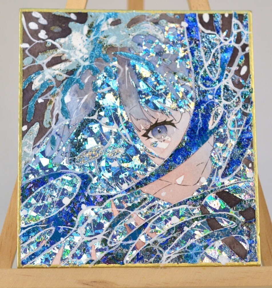 オリジナル　手描きイラスト　女の子　「水の冠」 1/4色紙サイズ　透明水彩　原画