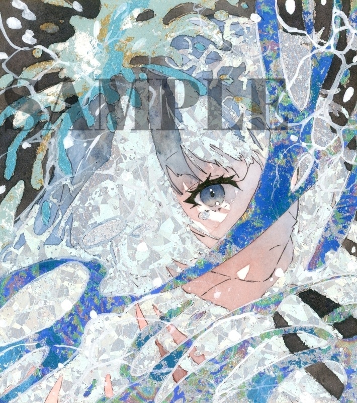 オリジナル 手描きイラスト 女の子 「水の冠」 1/4色紙サイズ 透明水彩 原画