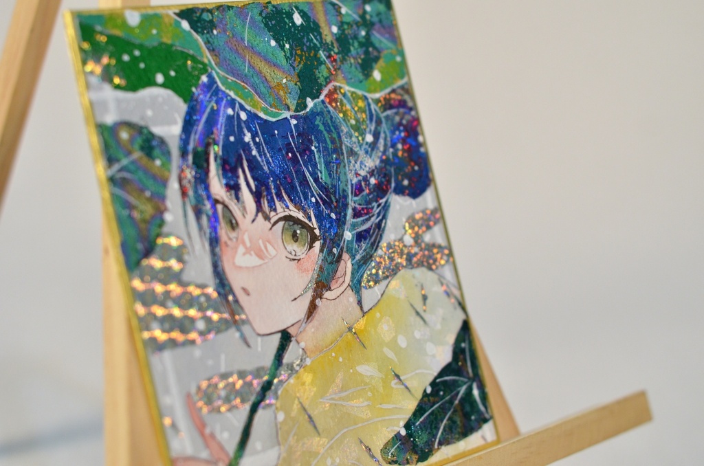 オリジナル 手描きイラスト 女の子 「雨の日の散歩道」 1/4色紙サイズ 透明水彩 原画