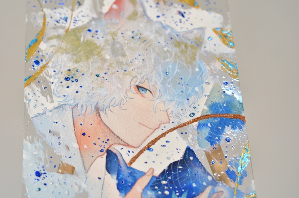 オリジナル 手描きイラスト 男の子 青年 和風獣耳シリーズ 「白狐の野苺狩り」 アクリル板 A5サイズ 透明水彩 原画