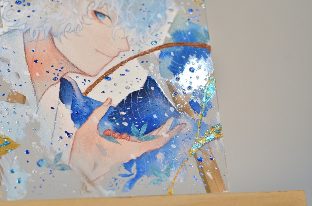 オリジナル 手描きイラスト 男の子 青年 和風獣耳シリーズ 「白狐の野苺狩り」 アクリル板 A5サイズ 透明水彩 原画