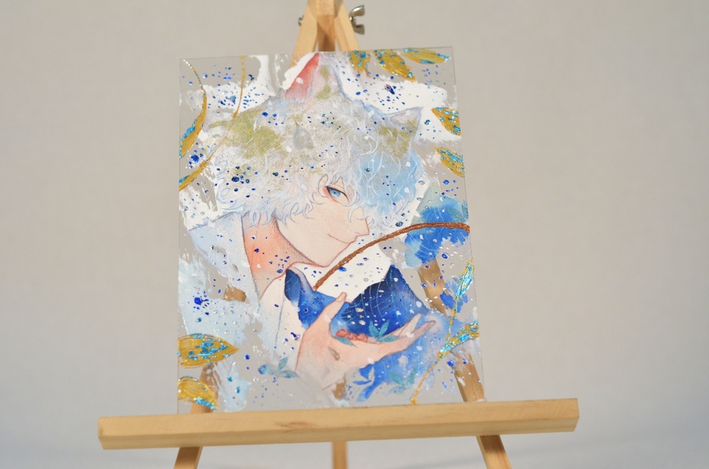 オリジナル 手描きイラスト 男の子 青年 和風獣耳シリーズ 「白狐の野苺狩り」 アクリル板 A5サイズ 透明水彩 原画