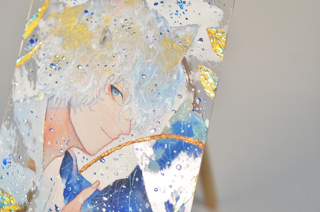 オリジナル 手描きイラスト 男の子 青年 和風獣耳シリーズ 「白狐の野苺狩り」 アクリル板 A5サイズ 透明水彩 原画