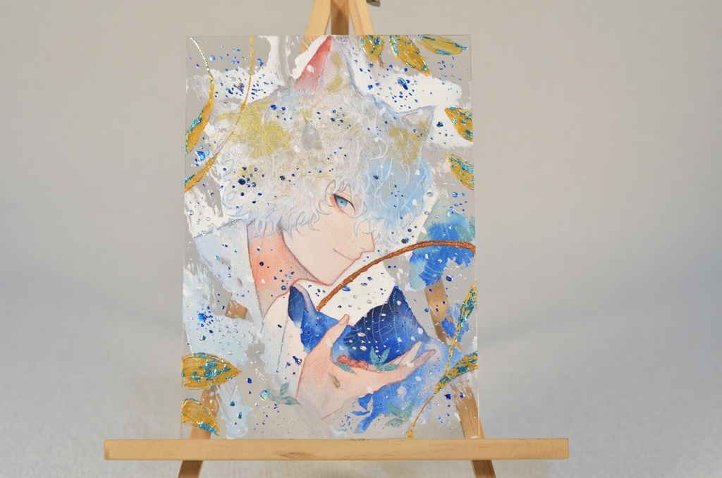 オリジナル 手描きイラスト 男の子 青年 和風獣耳シリーズ 「白狐の野苺狩り」 アクリル板 A5サイズ 透明水彩 原画
