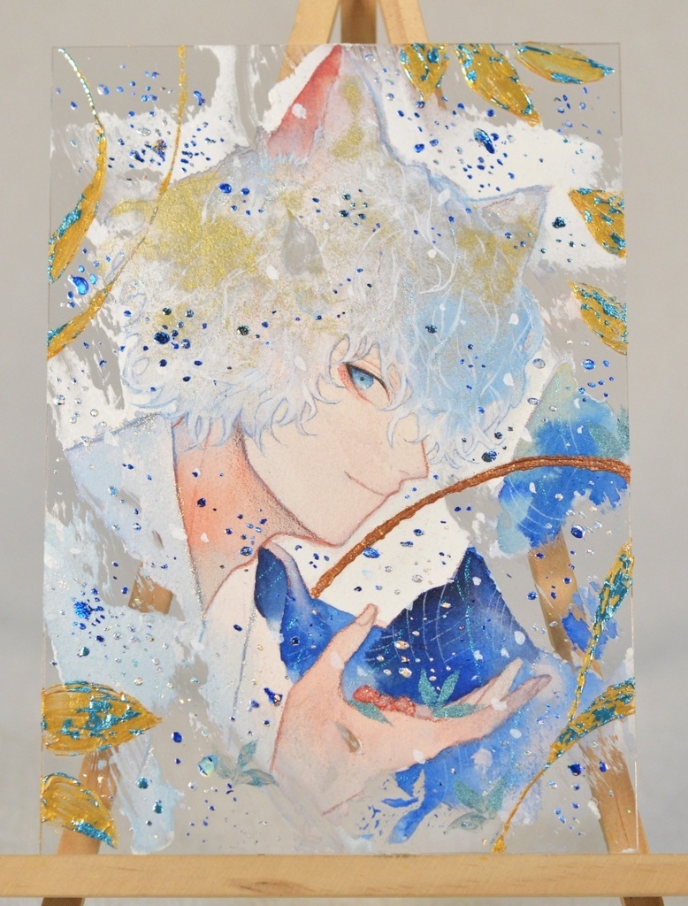 オリジナル　手描きイラスト　 男の子　青年　和風獣耳シリーズ　「白狐の野苺狩り」 アクリル板　A5サイズ　透明水彩　原画