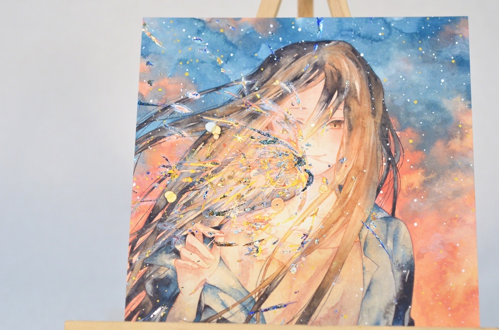 オリジナル 手描きイラスト 女の子 「揺らぎの中で」 正方形サイズ 透明水彩 原画
