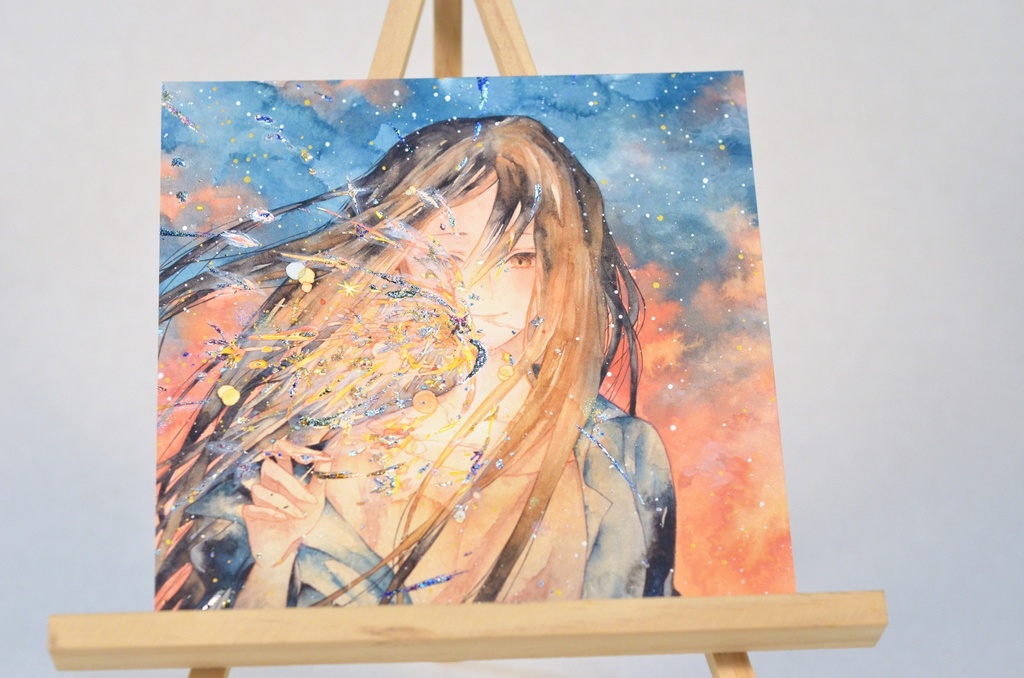 オリジナル 手描きイラスト 女の子 「揺らぎの中で」 正方形サイズ 透明水彩 原画