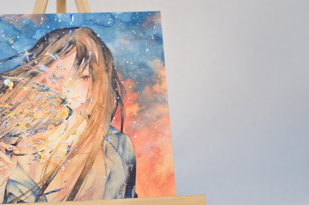 オリジナル 手描きイラスト 女の子 「揺らぎの中で」 正方形サイズ 透明水彩 原画