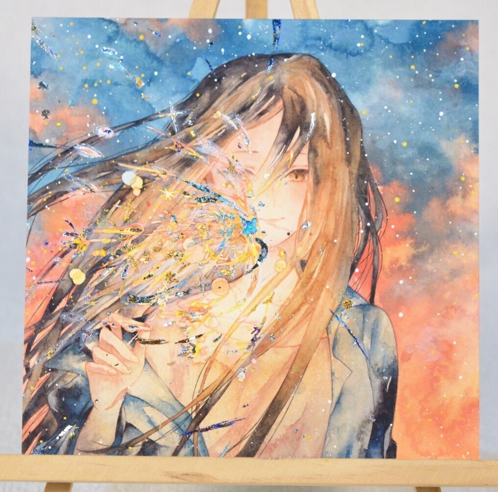 オリジナル 手描きイラスト 女の子 「揺らぎの中で」 正方形サイズ 透明水彩 原画