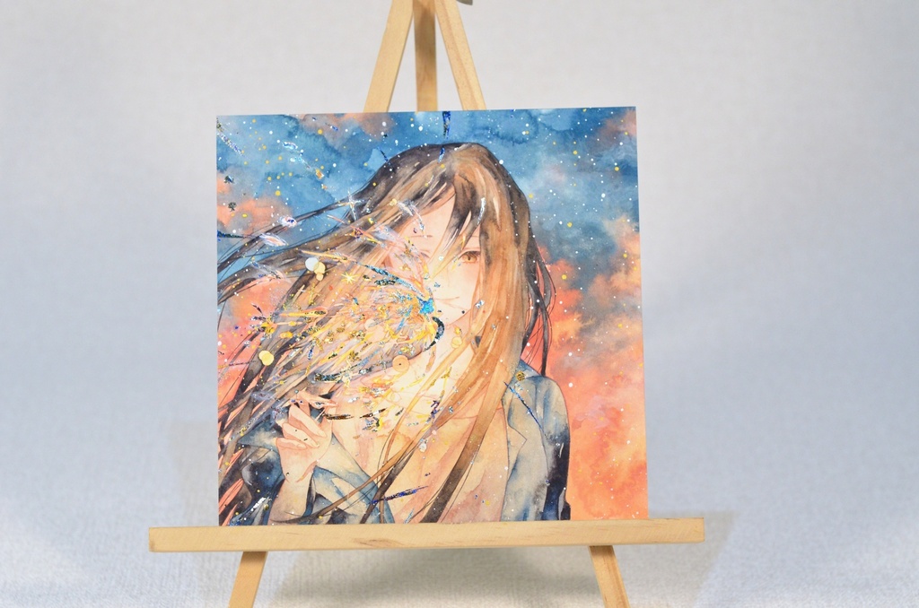 オリジナル 手描きイラスト 女の子 「揺らぎの中で」 正方形サイズ 透明水彩 原画
