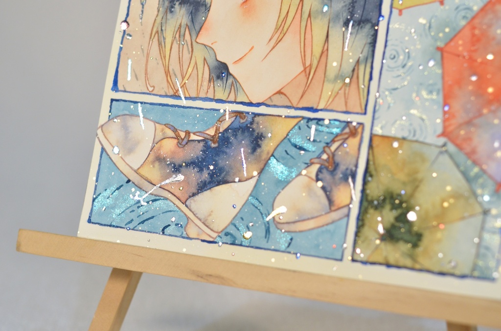 オリジナル 手描きイラスト 女の子 「色とりどりの景色」 正方形サイズ 透明水彩 原画