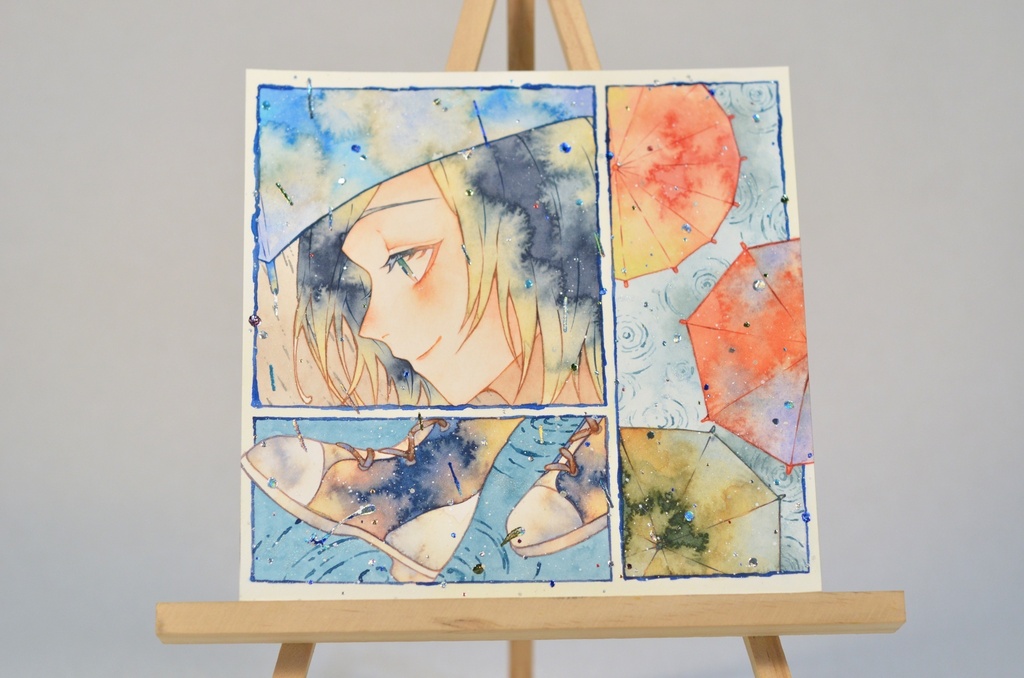 オリジナル 手描きイラスト 女の子 「色とりどりの景色」 正方形サイズ 透明水彩 原画