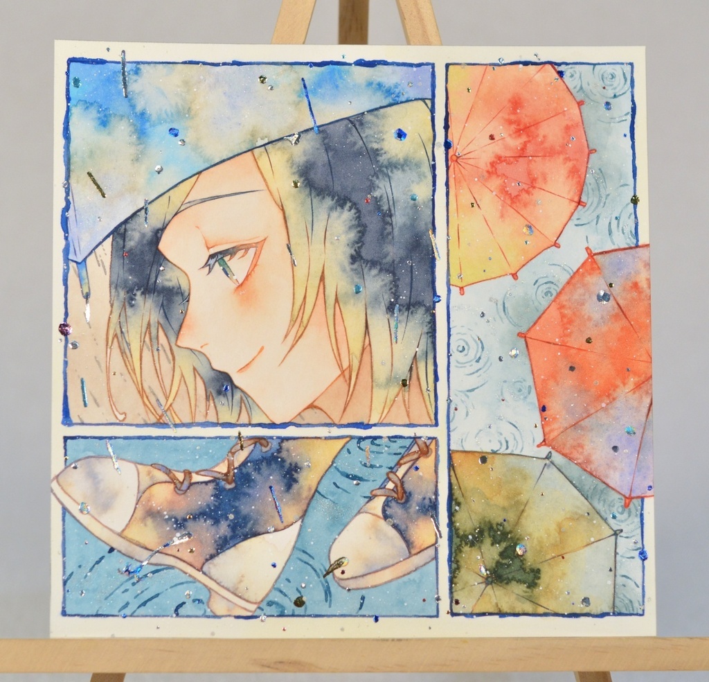 オリジナル 手描きイラスト 女の子 「色とりどりの景色」 正方形サイズ 透明水彩 原画