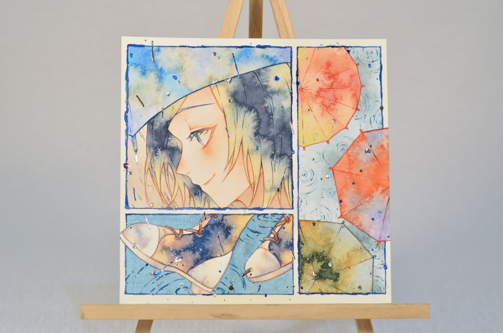 オリジナル 手描きイラスト 女の子 「色とりどりの景色」 正方形サイズ 透明水彩 原画