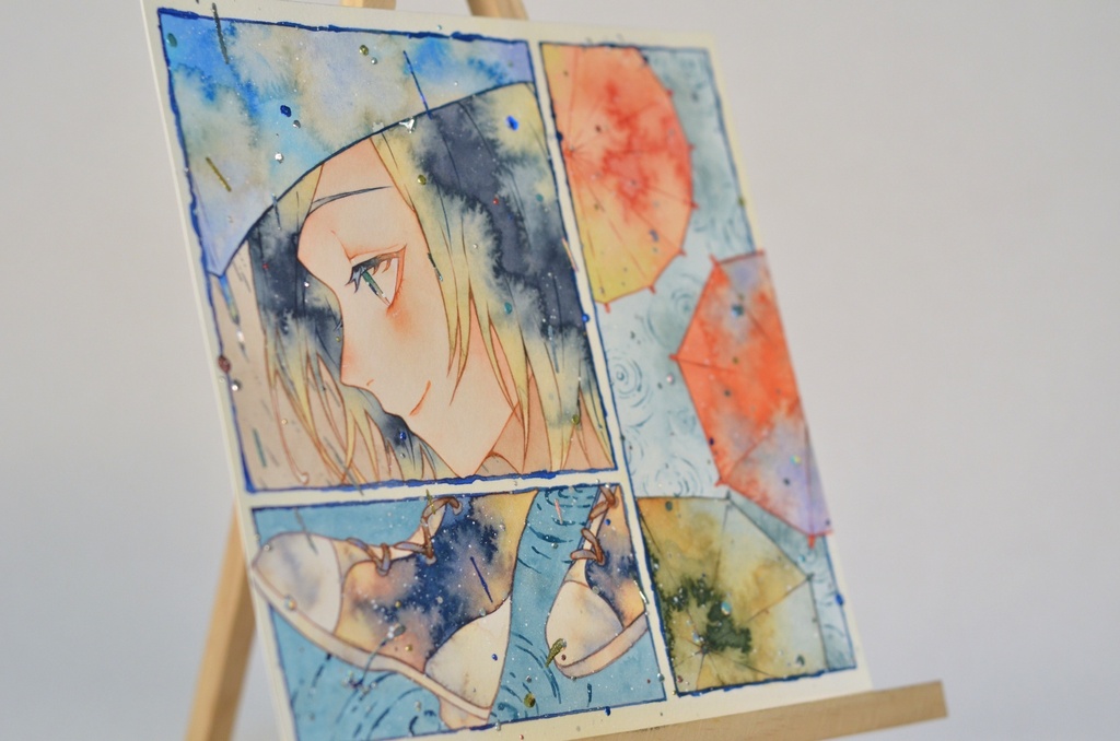 オリジナル 手描きイラスト 女の子 「色とりどりの景色」 正方形サイズ 透明水彩 原画
