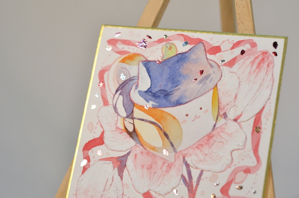 手描きイラスト オリジナル 「お花見探検隊」 原画 創作 うたもち 秋田犬 1/4色紙サイズ 透明水彩
