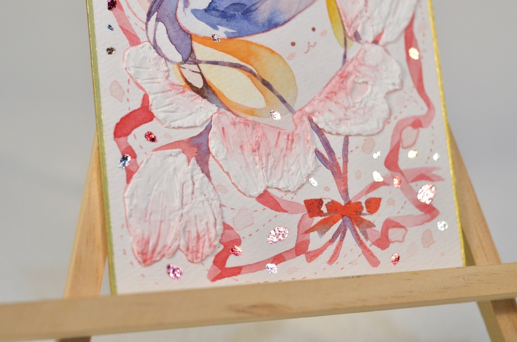 手描きイラスト オリジナル 「お花見探検隊」 原画 創作 うたもち 秋田犬 1/4色紙サイズ 透明水彩