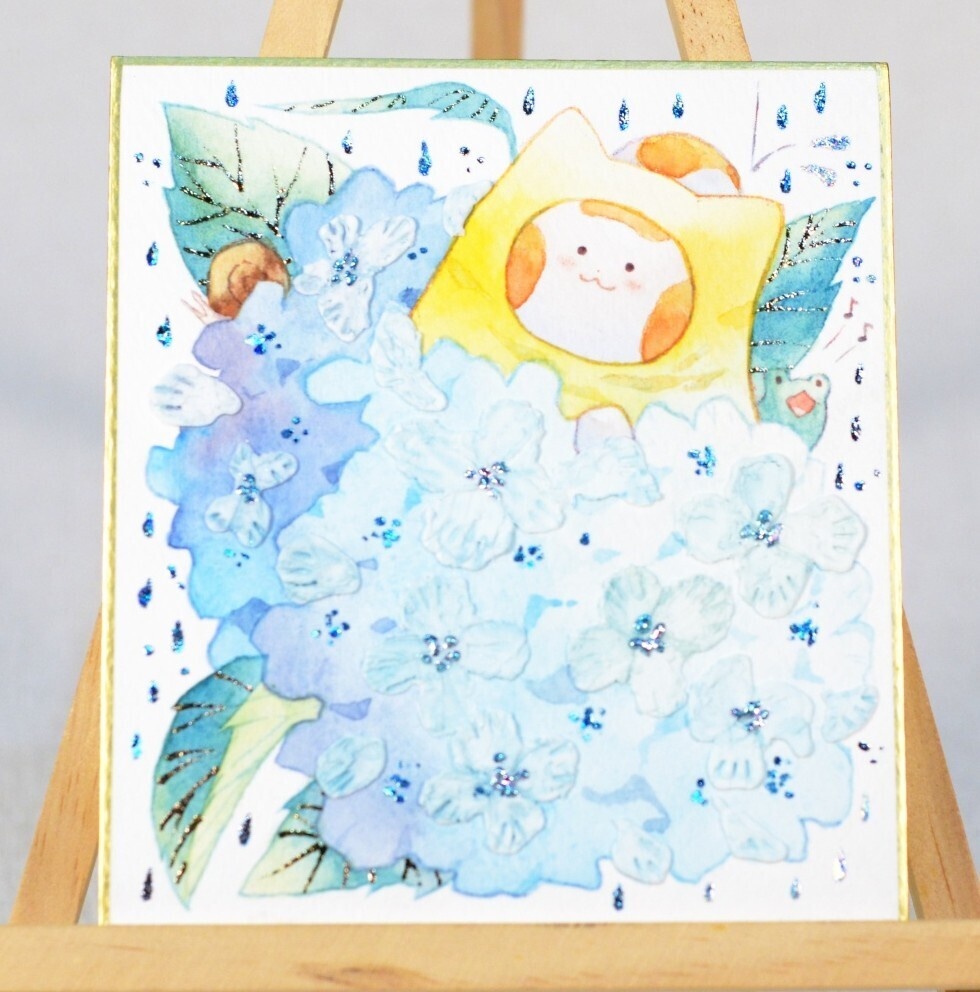 「紫陽花山の頂にて。」手描きイラスト オリジナル　 原画　創作　うたもち　秋田犬　1/4色紙サイズ　透明水彩