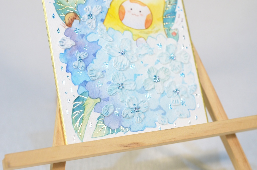 「紫陽花山の頂にて。」手描きイラスト オリジナル 原画 創作 うたもち 秋田犬 1/4色紙サイズ 透明水彩