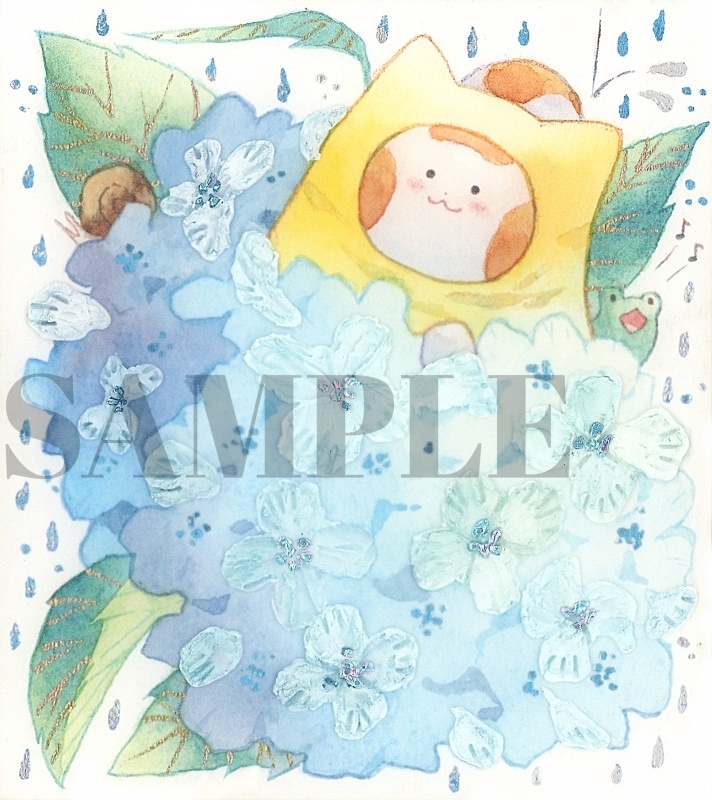 「紫陽花山の頂にて。」手描きイラスト オリジナル 原画 創作 うたもち 秋田犬 1/4色紙サイズ 透明水彩