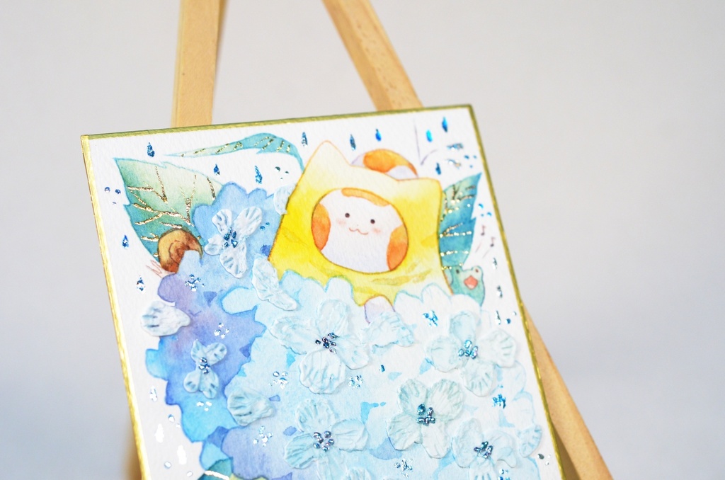 「紫陽花山の頂にて。」手描きイラスト オリジナル 原画 創作 うたもち 秋田犬 1/4色紙サイズ 透明水彩