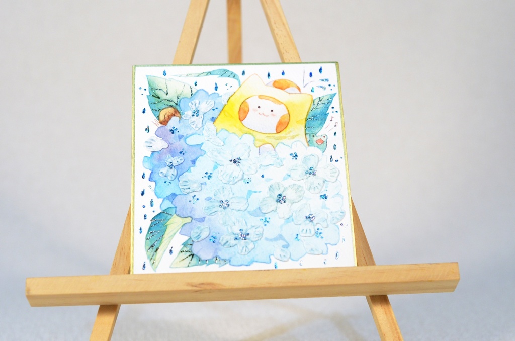 「紫陽花山の頂にて。」手描きイラスト オリジナル 原画 創作 うたもち 秋田犬 1/4色紙サイズ 透明水彩