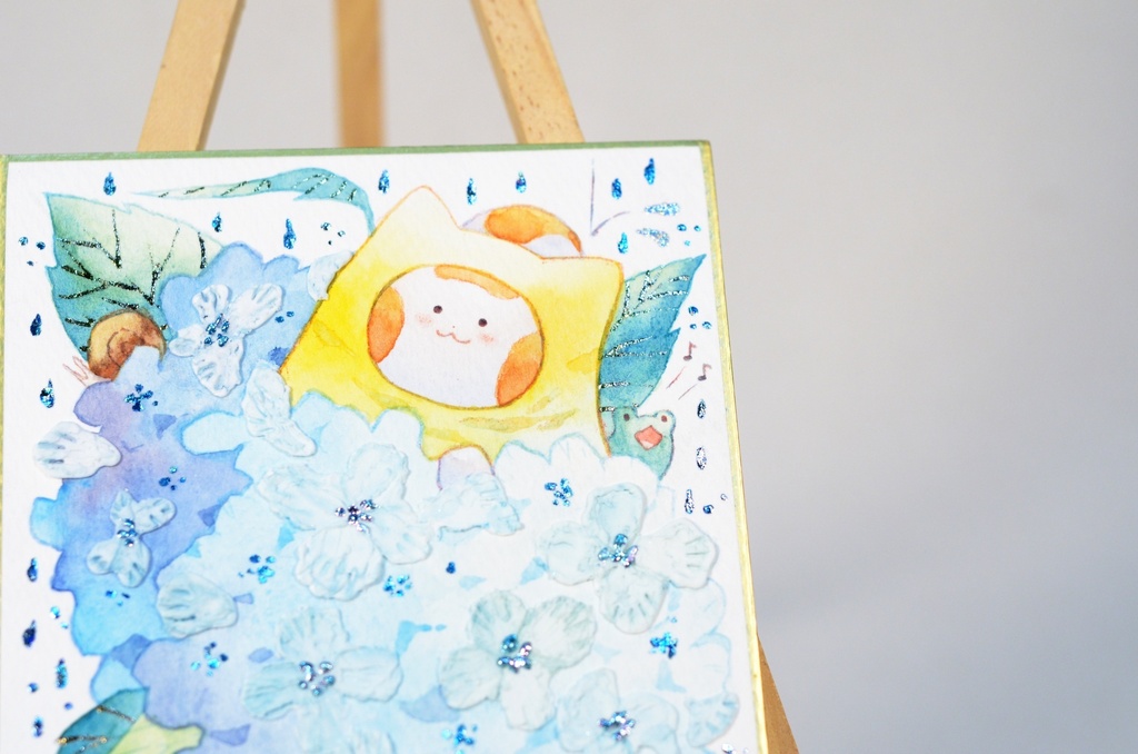 「紫陽花山の頂にて。」手描きイラスト オリジナル 原画 創作 うたもち 秋田犬 1/4色紙サイズ 透明水彩