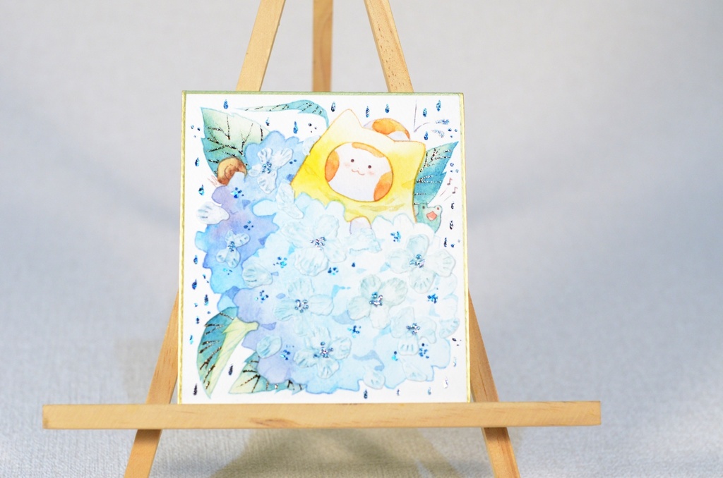 「紫陽花山の頂にて。」手描きイラスト オリジナル 原画 創作 うたもち 秋田犬 1/4色紙サイズ 透明水彩