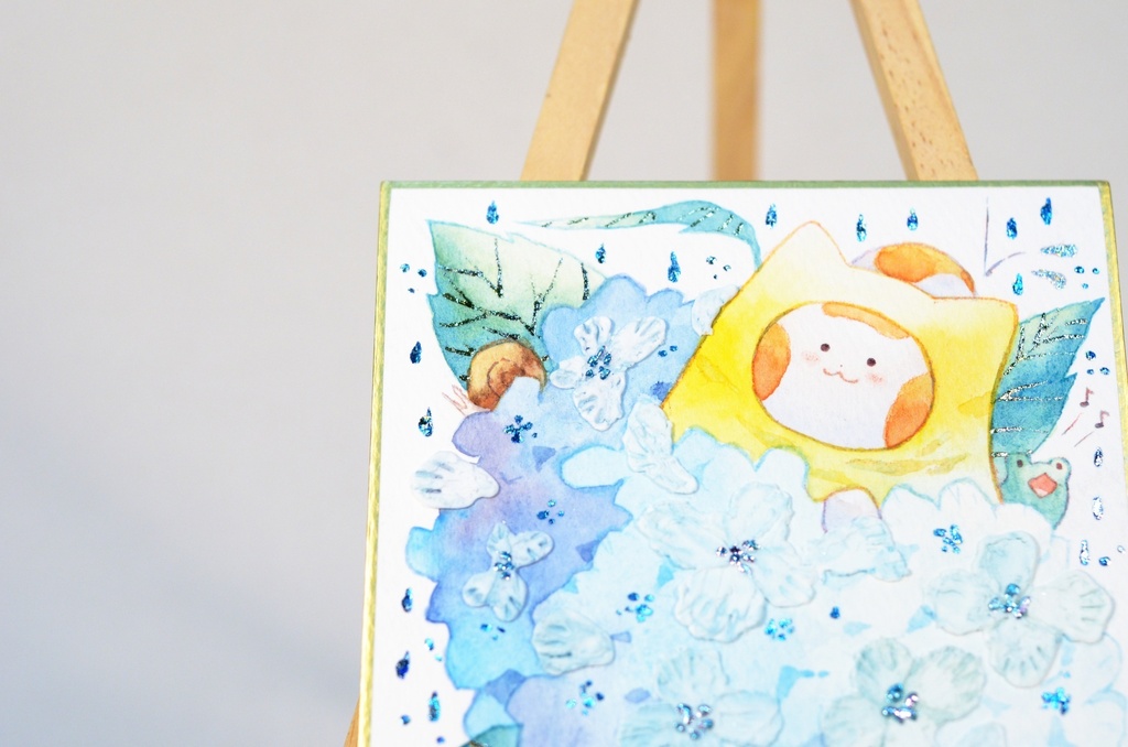 「紫陽花山の頂にて。」手描きイラスト オリジナル 原画 創作 うたもち 秋田犬 1/4色紙サイズ 透明水彩