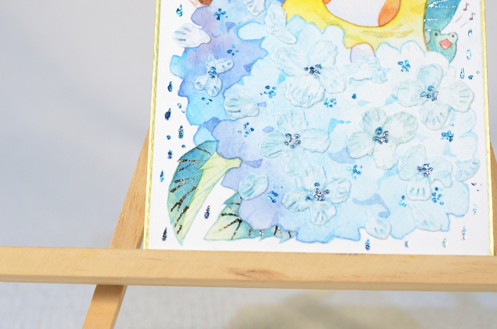 「紫陽花山の頂にて。」手描きイラスト オリジナル 原画 創作 うたもち 秋田犬 1/4色紙サイズ 透明水彩