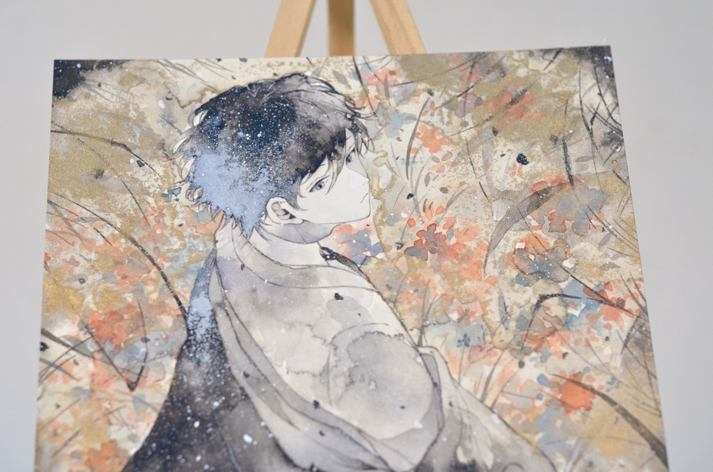 手描きイラスト 「振り返れば花ざかり」 男の子 青年 オリジナル 正方形サイズ 透明水彩