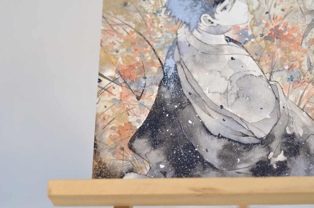 手描きイラスト 「振り返れば花ざかり」 男の子 青年 オリジナル 正方形サイズ 透明水彩