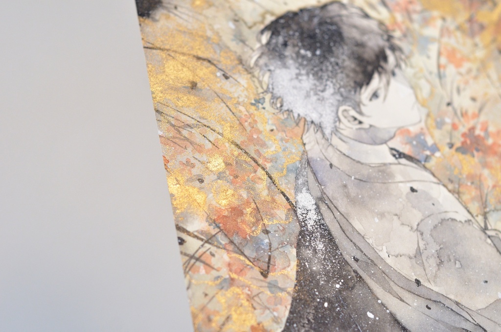 手描きイラスト 「振り返れば花ざかり」 男の子 青年 オリジナル 正方形サイズ 透明水彩