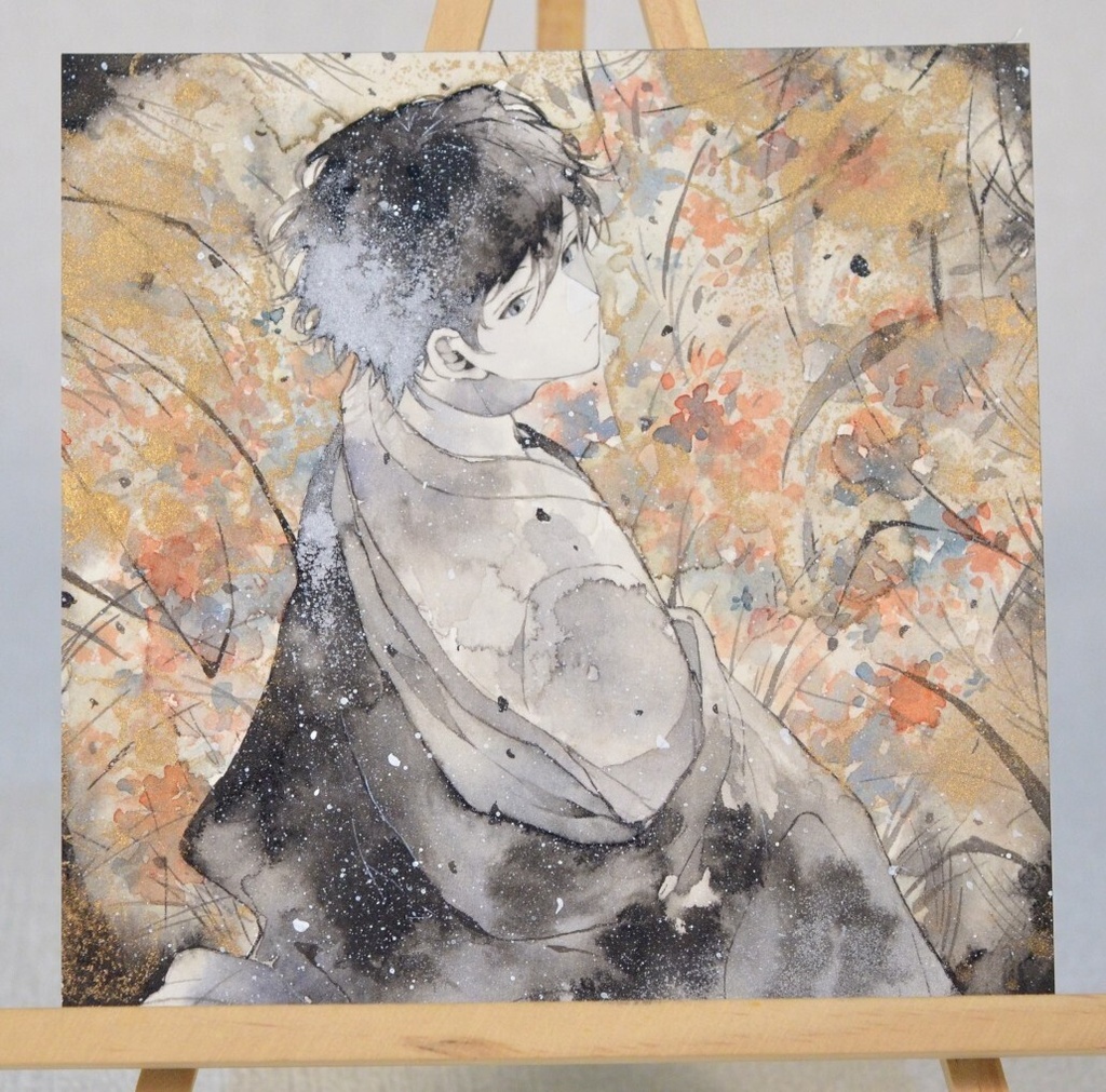 手描きイラスト　「振り返れば花ざかり」　男の子　青年　オリジナル　正方形サイズ　透明水彩