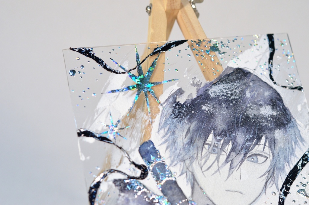 手描きイラスト 「黒の槍使い」 オリジナル 男の子 青年 アクリル板 A5サイズ 原画 透明水彩