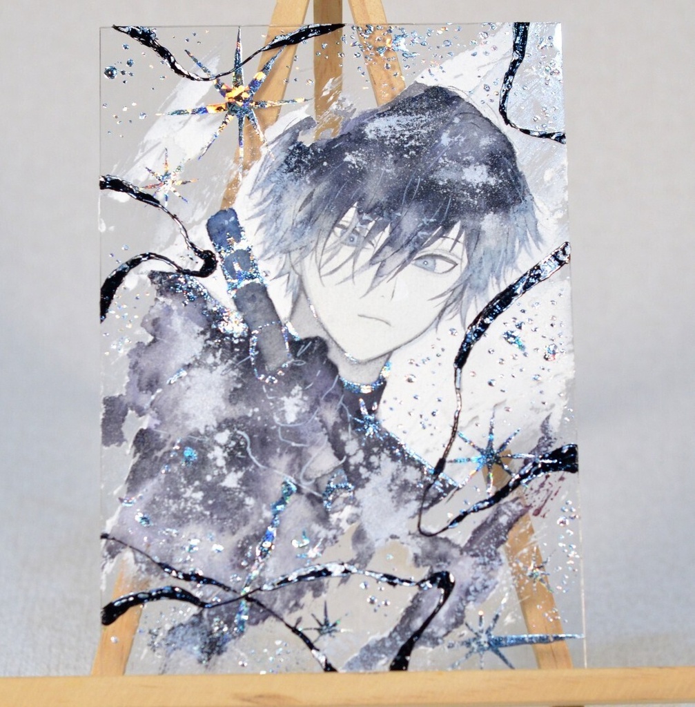 手描きイラスト 「黒の槍使い」 オリジナル 男の子 青年 アクリル板 A5サイズ 原画 透明水彩