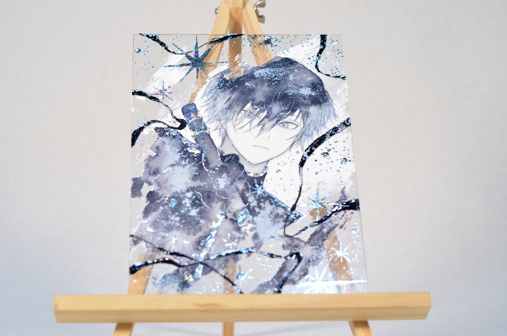 手描きイラスト 「黒の槍使い」 オリジナル 男の子 青年 アクリル板 A5サイズ 原画 透明水彩