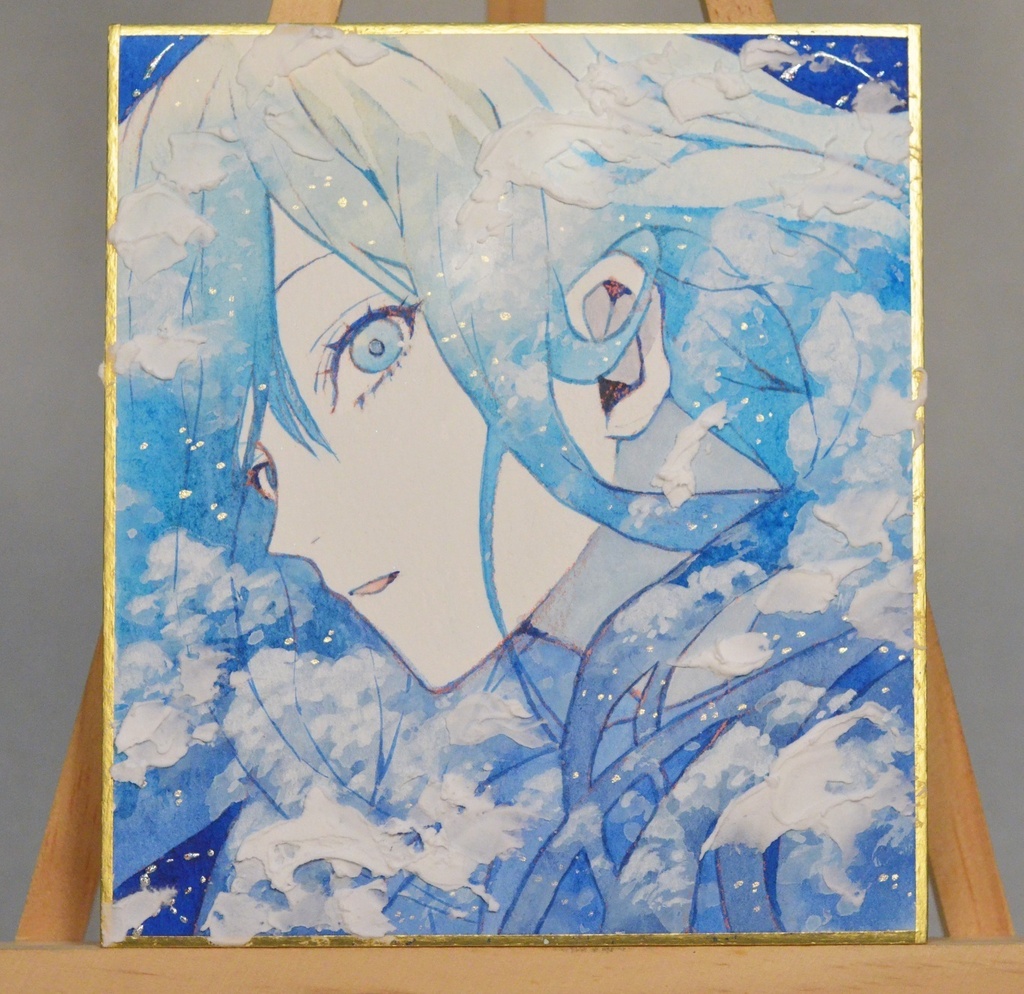 オリジナル　手描きイラスト　女の子　「天色に染まる」 1/4色紙サイズ　透明水彩　原画
