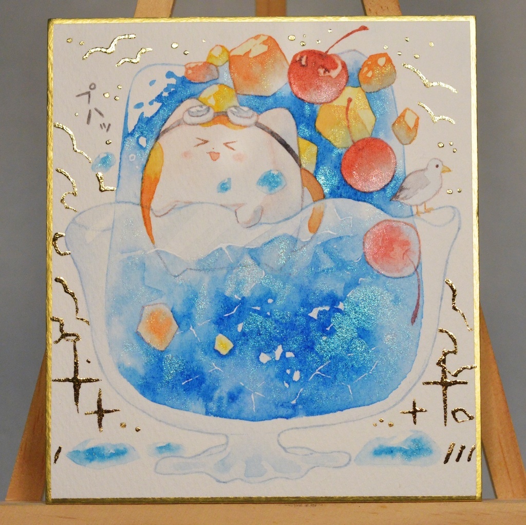 手描きイラスト オリジナル 「プライベートビーチにて。」 原画 創作 うたもちシリーズ 秋田犬 1/4色紙サイズ 透明水彩