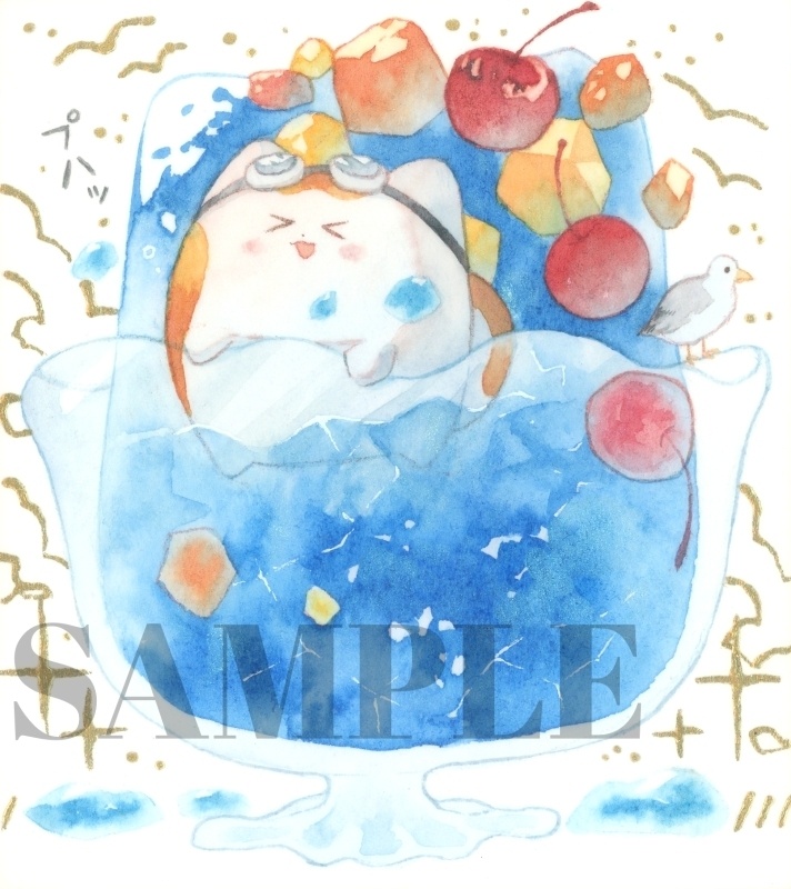 手描きイラスト オリジナル　「プライベートビーチにて。」　 原画　創作　うたもちシリーズ　秋田犬　1/4色紙サイズ　透明水彩