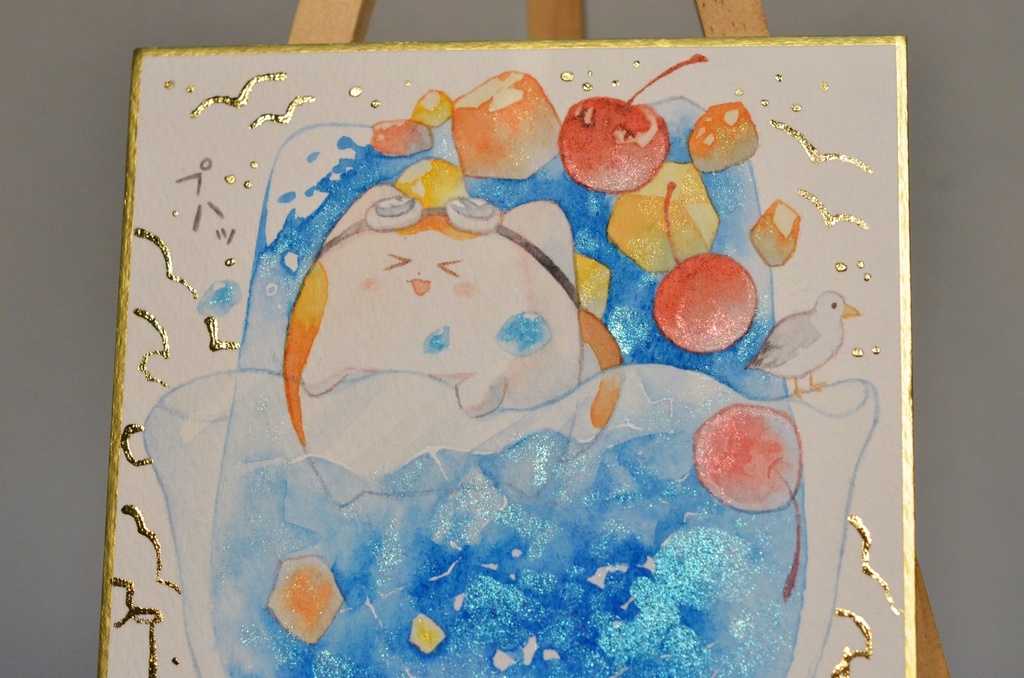 手描きイラスト オリジナル 「プライベートビーチにて。」 原画 創作 うたもちシリーズ 秋田犬 1/4色紙サイズ 透明水彩
