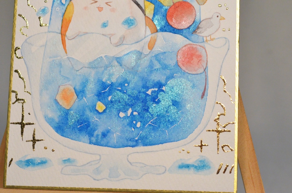 手描きイラスト オリジナル 「プライベートビーチにて。」 原画 創作 うたもちシリーズ 秋田犬 1/4色紙サイズ 透明水彩