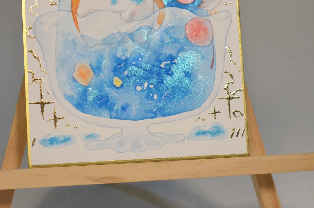 手描きイラスト オリジナル 「プライベートビーチにて。」 原画 創作 うたもちシリーズ 秋田犬 1/4色紙サイズ 透明水彩