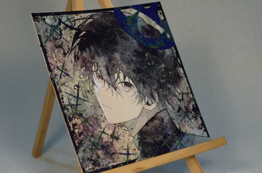 手描きイラスト 「黒の冠」 男の子 青年 オリジナル 正方形サイズ 透明水彩 原画