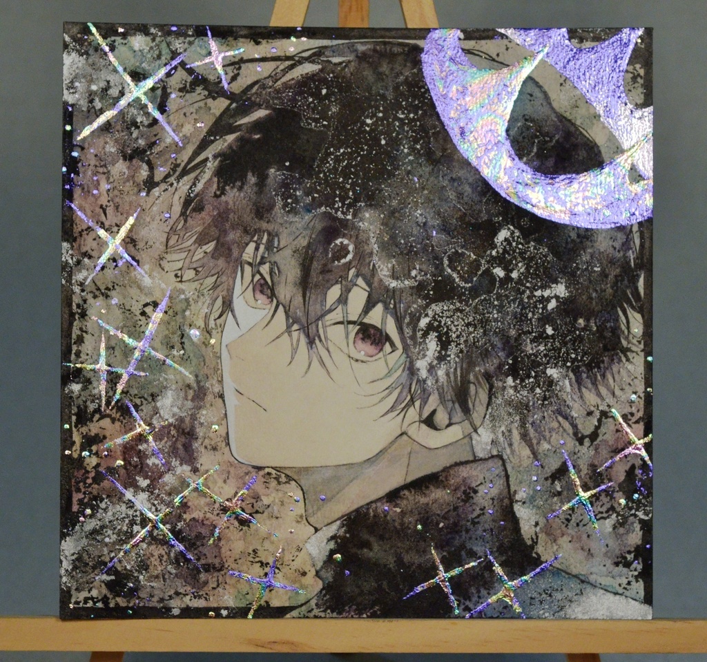 手描きイラスト 「黒の冠」 男の子 青年 オリジナル 正方形サイズ 透明水彩 原画