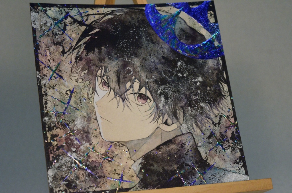 手描きイラスト 「黒の冠」 男の子 青年 オリジナル 正方形サイズ 透明水彩 原画