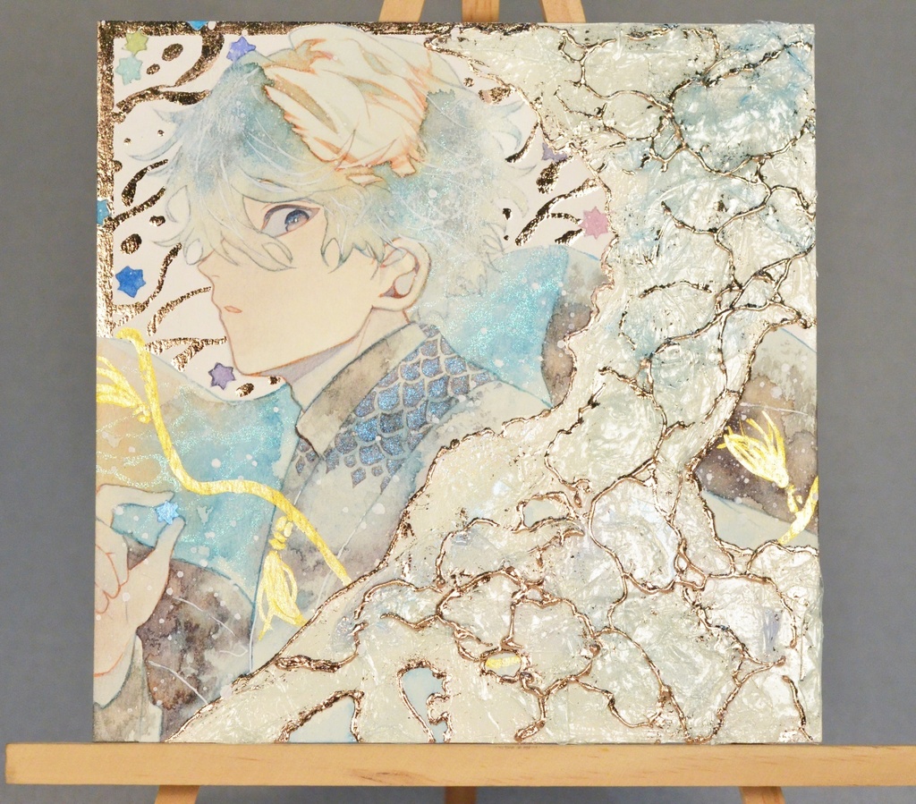 手描きイラスト　「波の風呂敷」　男の子　青年　オリジナル　正方形サイズ　透明水彩　原画