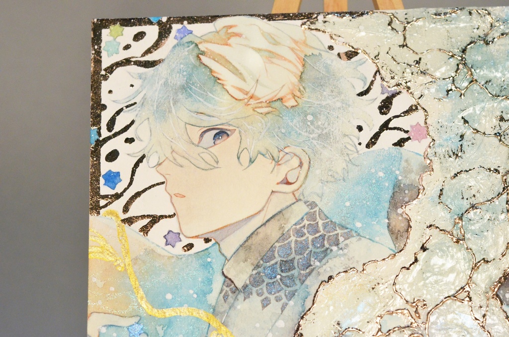 手描きイラスト 「波の風呂敷」 男の子 青年 オリジナル 正方形サイズ 透明水彩 原画
