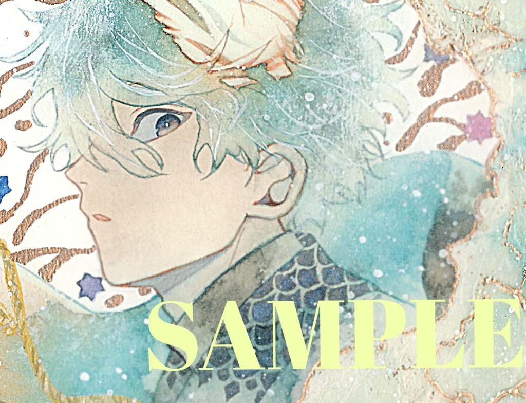 手描きイラスト 「波の風呂敷」 男の子 青年 オリジナル 正方形サイズ 透明水彩 原画