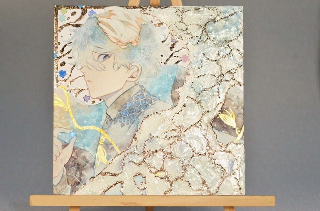 手描きイラスト 「波の風呂敷」 男の子 青年 オリジナル 正方形サイズ 透明水彩 原画